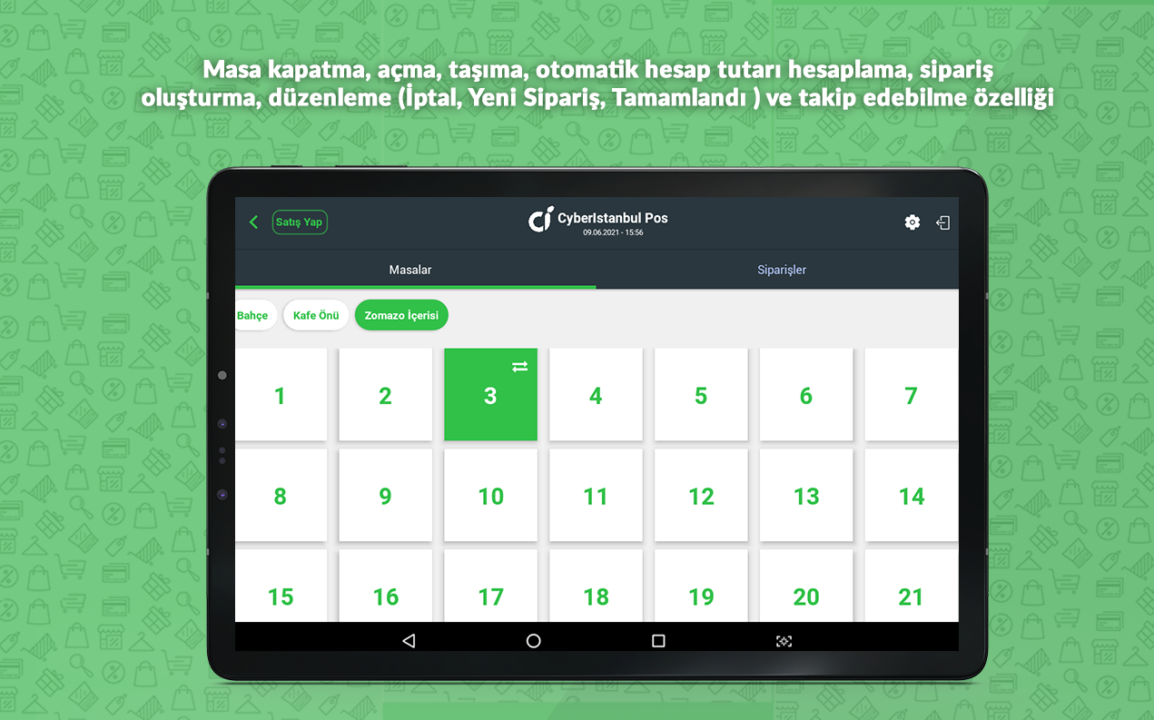 Kafe otomasyon uygulamasının tablet üzerinde masa ve sipariş yönetimi ekranı