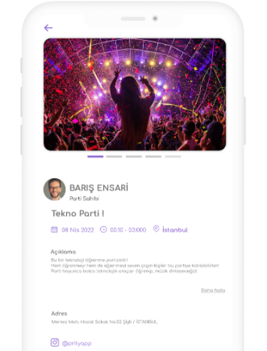 Prity Party uygulamasının etkinlik detay ekranı